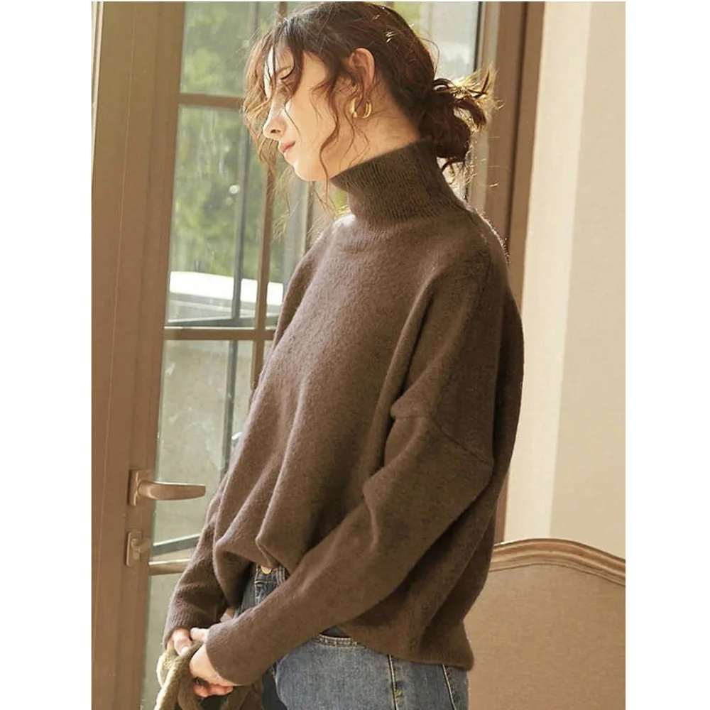 Brown Knit Turtleneck Pullover Sweater Long Sleeve Drop Shoulder